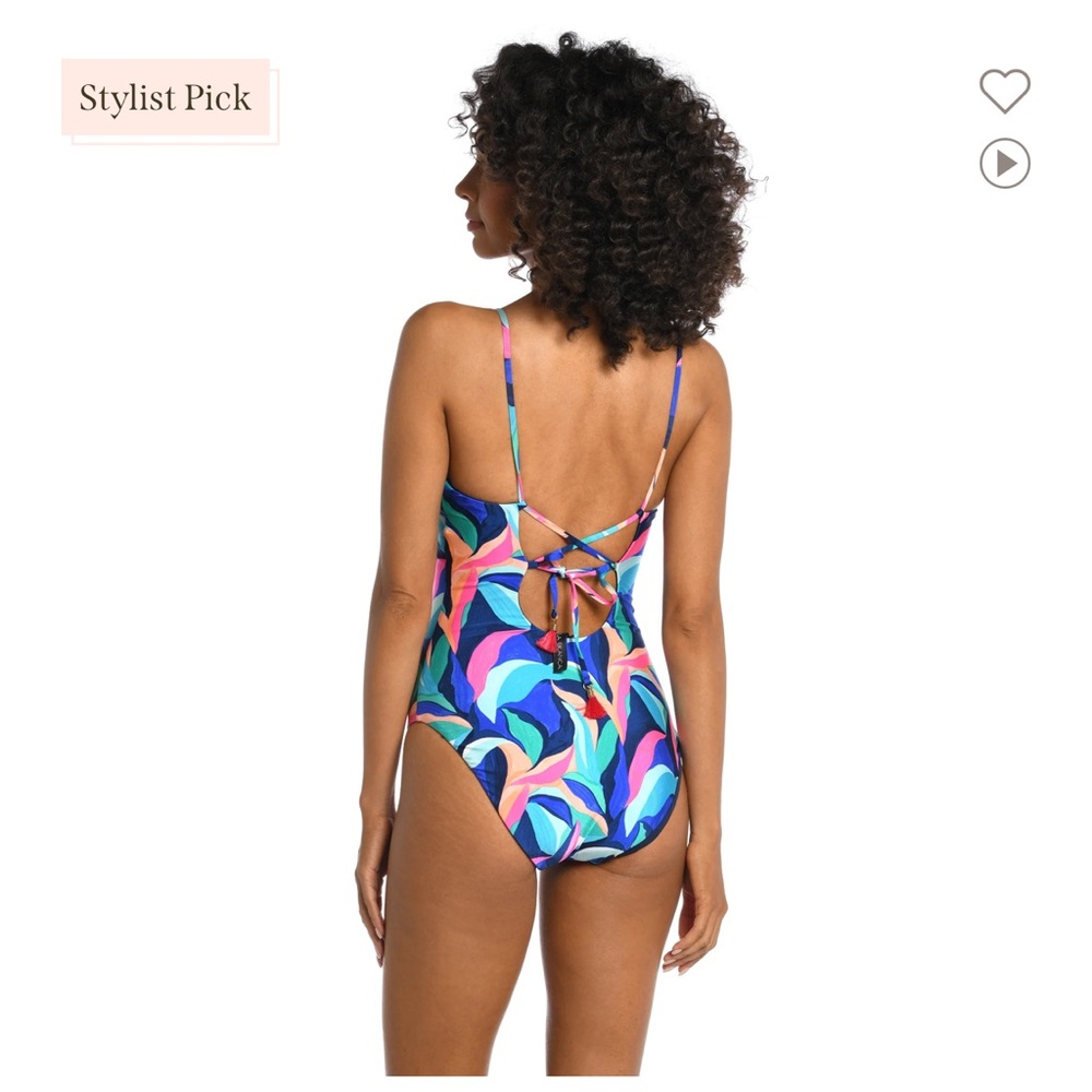 NWT LA BLANCA Painted Leaves Reversible Plunge One Piece - Picture 2 of 12